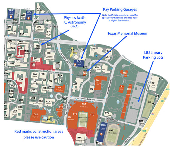 Map of UT Austin campus with PMA and parking areas marked