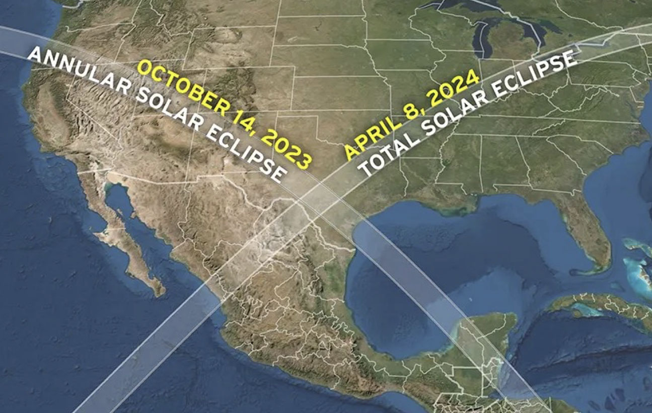 Paths of the 2023 and 2024 solar eclipses