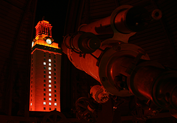 Painter Hall Telescope and the UT Tower with a "1" on it